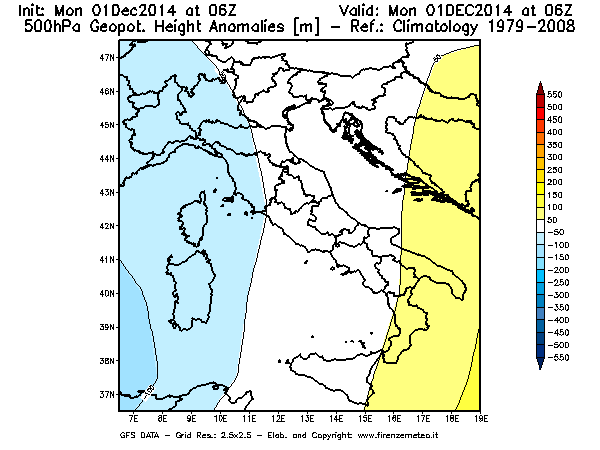 Mappa di analisi GFS - Anomalia di Geopotenziale a 500 hPa in Italia
									del 01/12/2014 06 <!--googleoff: index-->UTC<!--googleon: index-->