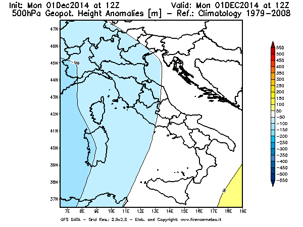 Mappa di analisi GFS - Anomalia di Geopotenziale a 500 hPa in Italia
									del 01/12/2014 12 <!--googleoff: index-->UTC<!--googleon: index-->