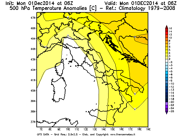 Mappa di analisi GFS - Anomalia Temperatura [°C] a 500 hPa in Italia
									del 01/12/2014 06 <!--googleoff: index-->UTC<!--googleon: index-->