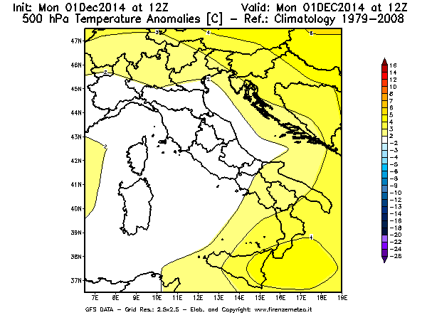 Mappa di analisi GFS - Anomalia Temperatura [°C] a 500 hPa in Italia
							del 01/12/2014 12 <!--googleoff: index-->UTC<!--googleon: index-->