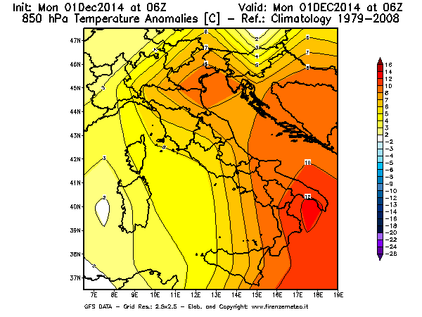 Mappa di analisi GFS - Anomalia Temperatura [°C] a 850 hPa in Italia
							del 01/12/2014 06 <!--googleoff: index-->UTC<!--googleon: index-->