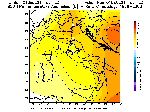 Mappa di analisi GFS - Anomalia Temperatura [°C] a 850 hPa in Italia
							del 01/12/2014 12 <!--googleoff: index-->UTC<!--googleon: index-->