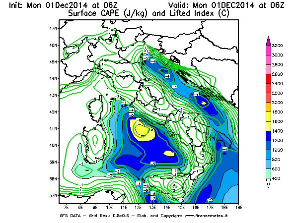 Mappa di analisi GFS - CAPE [J/kg] e Lifted Index [°C] in Italia
									del 01/12/2014 06 <!--googleoff: index-->UTC<!--googleon: index-->