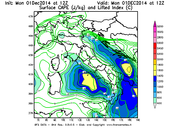 Mappa di analisi GFS - CAPE [J/kg] e Lifted Index [°C] in Italia
							del 01/12/2014 12 <!--googleoff: index-->UTC<!--googleon: index-->