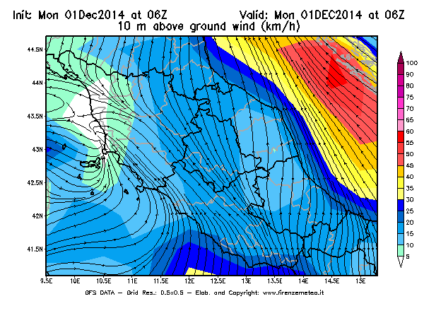 Mappa di analisi GFS - Velocità del vento a 10 metri dal suolo [km/h] in Centro-Italia
									del 01/12/2014 06 <!--googleoff: index-->UTC<!--googleon: index-->