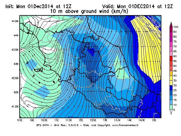 Mappa di analisi GFS - Velocità del vento a 10 metri dal suolo [km/h] in Centro-Italia
									del 01/12/2014 12 <!--googleoff: index-->UTC<!--googleon: index-->