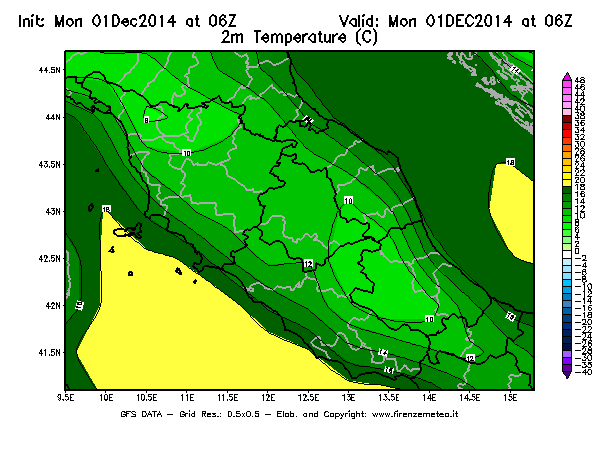 Mappa di analisi GFS - Temperatura a 2 metri dal suolo [°C] in Centro-Italia
							del 01/12/2014 06 <!--googleoff: index-->UTC<!--googleon: index-->