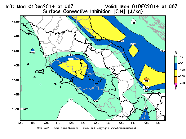 Mappa di analisi GFS - CIN [J/kg] in Centro-Italia
									del 01/12/2014 06 <!--googleoff: index-->UTC<!--googleon: index-->