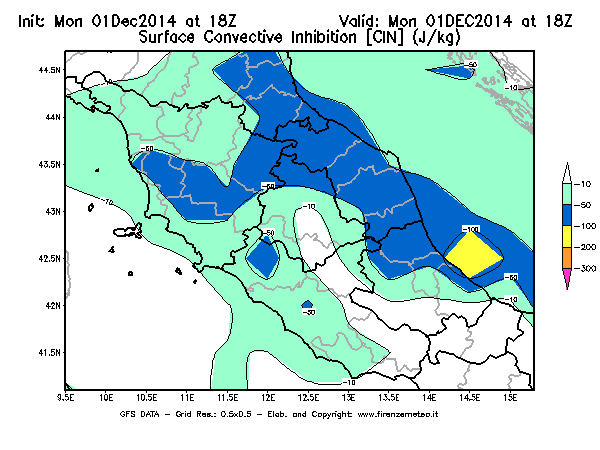 Mappa di analisi GFS - CIN [J/kg] in Centro-Italia
									del 01/12/2014 18 <!--googleoff: index-->UTC<!--googleon: index-->