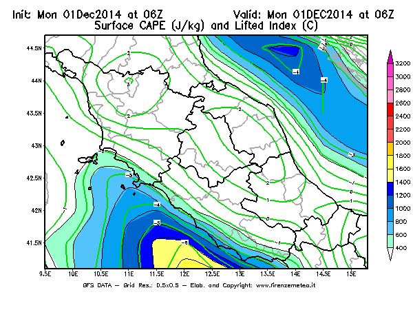 Mappa di analisi GFS - CAPE [J/kg] e Lifted Index [°C] in Centro-Italia
							del 01/12/2014 06 <!--googleoff: index-->UTC<!--googleon: index-->