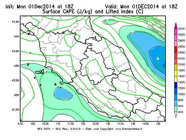 Mappa di analisi GFS - CAPE [J/kg] e Lifted Index [°C] in Centro-Italia
									del 01/12/2014 18 <!--googleoff: index-->UTC<!--googleon: index-->