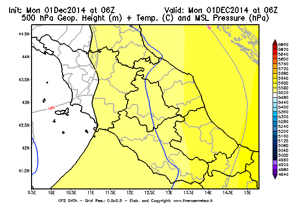 Mappa di analisi GFS - Geopotenziale [m] + Temp. [°C] a 500 hPa + Press. a livello del mare [hPa] in Centro-Italia
									del 01/12/2014 06 <!--googleoff: index-->UTC<!--googleon: index-->