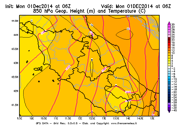 Mappa di analisi GFS - Geopotenziale [m] e Temperatura [°C] a 850 hPa in Centro-Italia
									del 01/12/2014 06 <!--googleoff: index-->UTC<!--googleon: index-->
