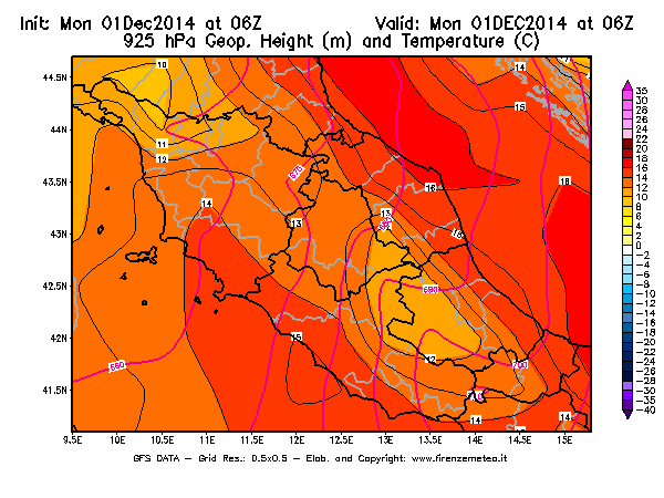 Mappa di analisi GFS - Geopotenziale [m] e Temperatura [°C] a 925 hPa in Centro-Italia
							del 01/12/2014 06 <!--googleoff: index-->UTC<!--googleon: index-->
