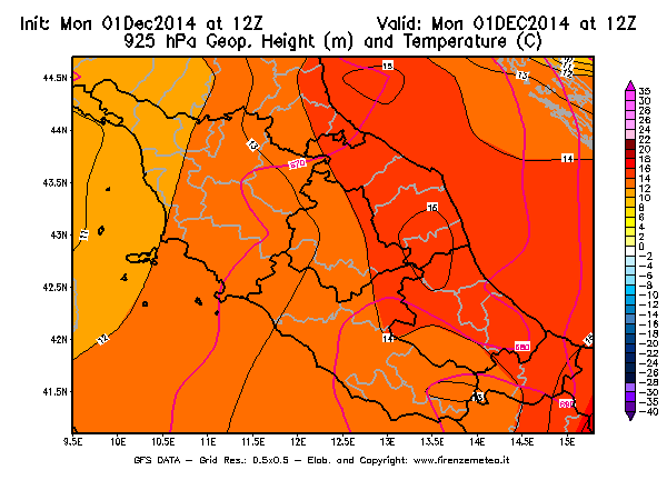 Mappa di analisi GFS - Geopotenziale [m] e Temperatura [°C] a 925 hPa in Centro-Italia
									del 01/12/2014 12 <!--googleoff: index-->UTC<!--googleon: index-->