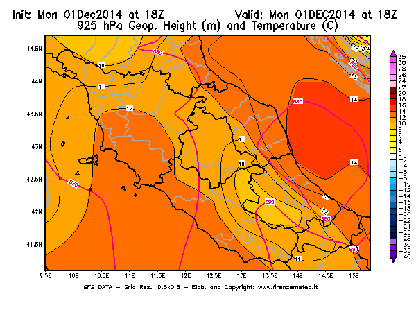 Mappa di analisi GFS - Geopotenziale [m] e Temperatura [°C] a 925 hPa in Centro-Italia
									del 01/12/2014 18 <!--googleoff: index-->UTC<!--googleon: index-->