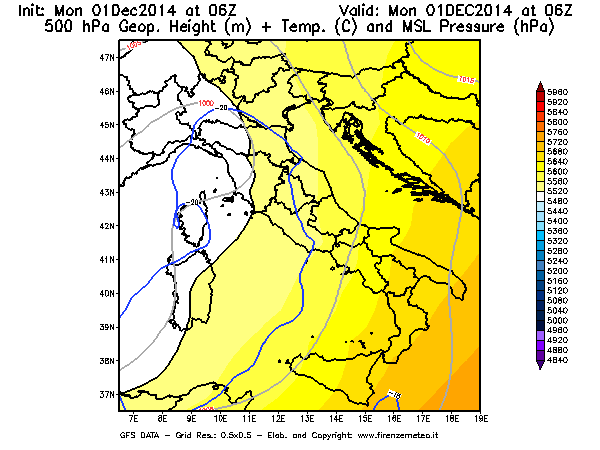 Mappa di analisi GFS - Geopotenziale [m] + Temp. [°C] a 500 hPa + Press. a livello del mare [hPa] in Italia
							del 01/12/2014 06 <!--googleoff: index-->UTC<!--googleon: index-->