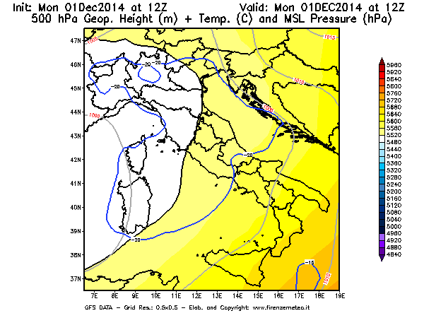 Mappa di analisi GFS - Geopotenziale [m] + Temp. [°C] a 500 hPa + Press. a livello del mare [hPa] in Italia
							del 01/12/2014 12 <!--googleoff: index-->UTC<!--googleon: index-->