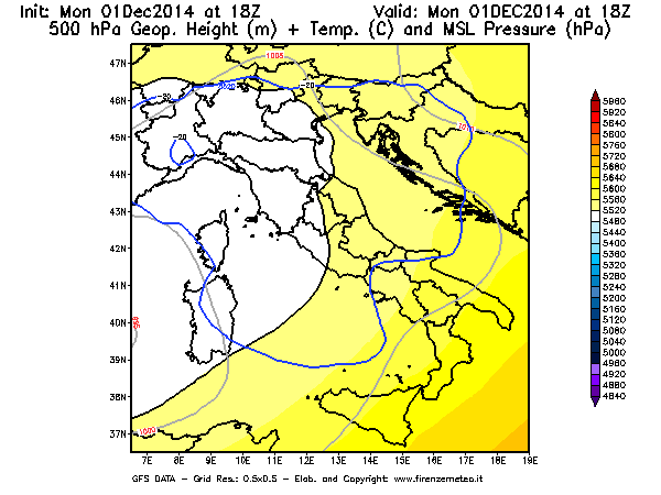 Mappa di analisi GFS - Geopotenziale [m] + Temp. [°C] a 500 hPa + Press. a livello del mare [hPa] in Italia
									del 01/12/2014 18 <!--googleoff: index-->UTC<!--googleon: index-->