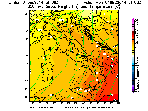 Mappa di analisi GFS - Geopotenziale [m] e Temperatura [°C] a 850 hPa in Italia
							del 01/12/2014 06 <!--googleoff: index-->UTC<!--googleon: index-->