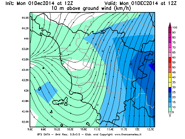Mappa di analisi GFS - Velocità del vento a 10 metri dal suolo [km/h] in Toscana
									del 01/12/2014 12 <!--googleoff: index-->UTC<!--googleon: index-->