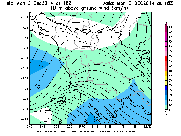 Mappa di analisi GFS - Velocità del vento a 10 metri dal suolo [km/h] in Toscana
									del 01/12/2014 18 <!--googleoff: index-->UTC<!--googleon: index-->