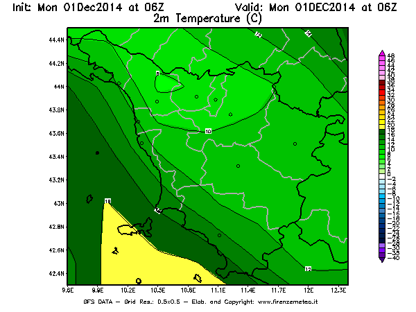 Mappa di analisi GFS - Temperatura a 2 metri dal suolo [°C] in Toscana
									del 01/12/2014 06 <!--googleoff: index-->UTC<!--googleon: index-->