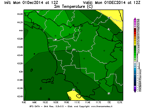 Mappa di analisi GFS - Temperatura a 2 metri dal suolo [°C] in Toscana
							del 01/12/2014 12 <!--googleoff: index-->UTC<!--googleon: index-->