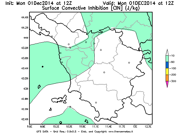 Mappa di analisi GFS - CIN [J/kg] in Toscana
									del 01/12/2014 12 <!--googleoff: index-->UTC<!--googleon: index-->