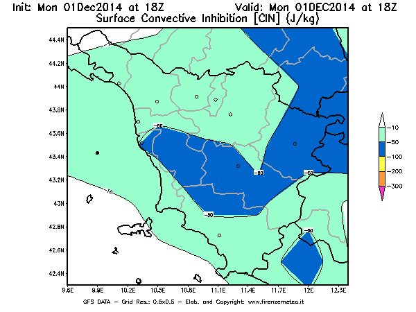 Mappa di analisi GFS - CIN [J/kg] in Toscana
									del 01/12/2014 18 <!--googleoff: index-->UTC<!--googleon: index-->