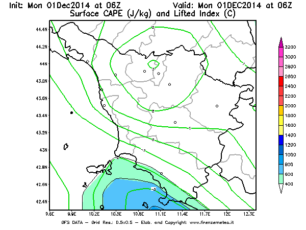 Mappa di analisi GFS - CAPE [J/kg] e Lifted Index [°C] in Toscana
									del 01/12/2014 06 <!--googleoff: index-->UTC<!--googleon: index-->