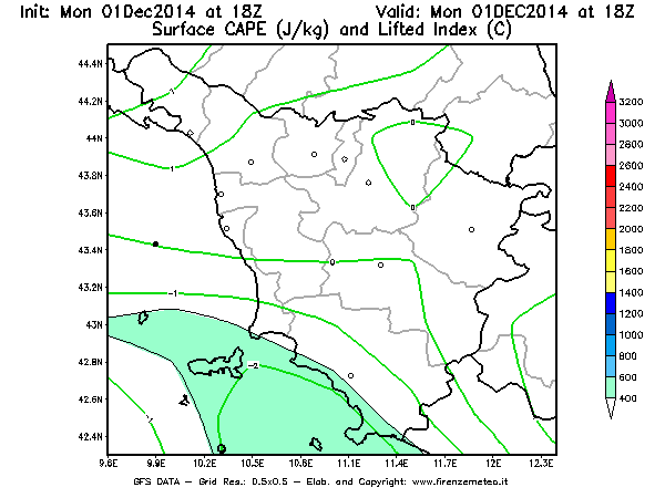 Mappa di analisi GFS - CAPE [J/kg] e Lifted Index [°C] in Toscana
							del 01/12/2014 18 <!--googleoff: index-->UTC<!--googleon: index-->