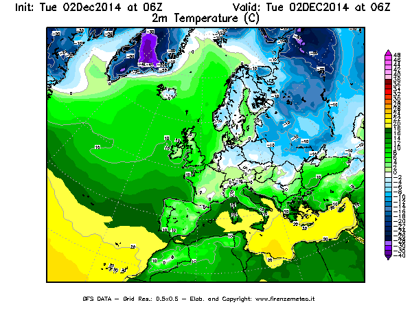 Mappa di analisi GFS - Temperatura a 2 metri dal suolo [°C] in Europa
							del 02/12/2014 06 <!--googleoff: index-->UTC<!--googleon: index-->