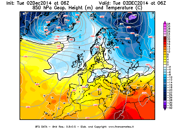 Mappa di analisi GFS - Geopotenziale [m] e Temperatura [°C] a 850 hPa in Europa
							del 02/12/2014 06 <!--googleoff: index-->UTC<!--googleon: index-->