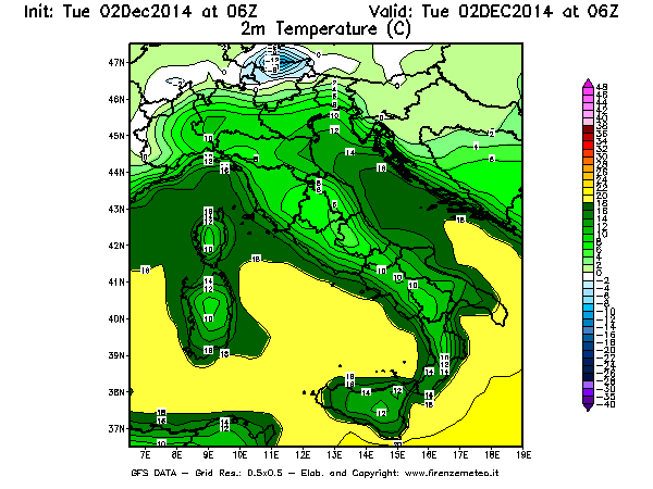 Mappa di analisi GFS - Temperatura a 2 metri dal suolo [°C] in Italia
							del 02/12/2014 06 <!--googleoff: index-->UTC<!--googleon: index-->