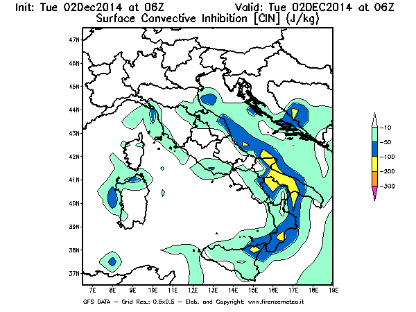 Mappa di analisi GFS - CIN [J/kg] in Italia
							del 02/12/2014 06 <!--googleoff: index-->UTC<!--googleon: index-->
