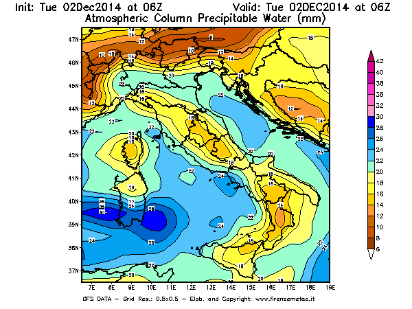 Mappa di analisi GFS - Precipitable Water [mm] in Italia
							del 02/12/2014 06 <!--googleoff: index-->UTC<!--googleon: index-->
