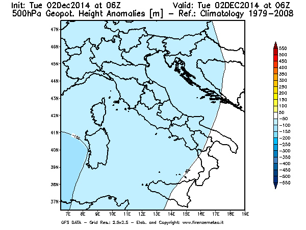 Mappa di analisi GFS - Anomalia di Geopotenziale a 500 hPa in Italia
							del 02/12/2014 06 <!--googleoff: index-->UTC<!--googleon: index-->