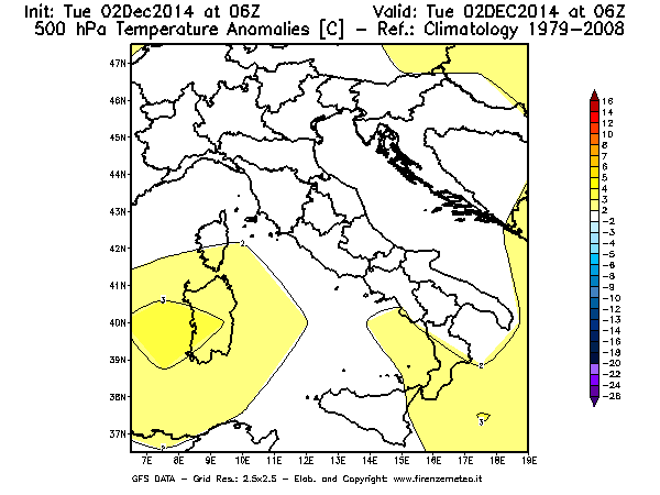 Mappa di analisi GFS - Anomalia Temperatura [°C] a 500 hPa in Italia
							del 02/12/2014 06 <!--googleoff: index-->UTC<!--googleon: index-->