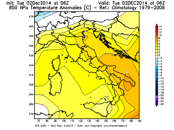 Mappa di analisi GFS - Anomalia Temperatura [°C] a 850 hPa in Italia
							del 02/12/2014 06 <!--googleoff: index-->UTC<!--googleon: index-->
