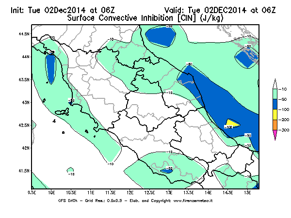 Mappa di analisi GFS - CIN [J/kg] in Centro-Italia
							del 02/12/2014 06 <!--googleoff: index-->UTC<!--googleon: index-->