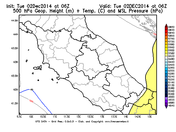 Mappa di analisi GFS - Geopotenziale [m] + Temp. [°C] a 500 hPa + Press. a livello del mare [hPa] in Centro-Italia
							del 02/12/2014 06 <!--googleoff: index-->UTC<!--googleon: index-->