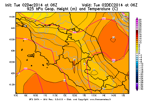 Mappa di analisi GFS - Geopotenziale [m] e Temperatura [°C] a 925 hPa in Centro-Italia
							del 02/12/2014 06 <!--googleoff: index-->UTC<!--googleon: index-->