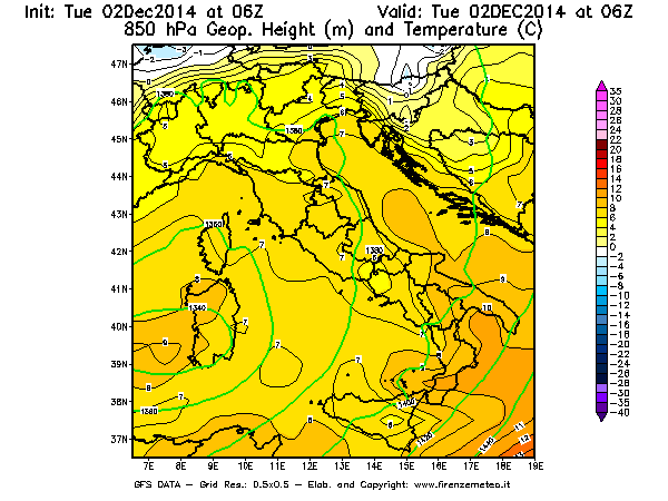 Mappa di analisi GFS - Geopotenziale [m] e Temperatura [°C] a 850 hPa in Italia
							del 02/12/2014 06 <!--googleoff: index-->UTC<!--googleon: index-->