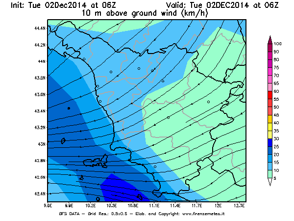 Mappa di analisi GFS - Velocità del vento a 10 metri dal suolo [km/h] in Toscana
							del 02/12/2014 06 <!--googleoff: index-->UTC<!--googleon: index-->