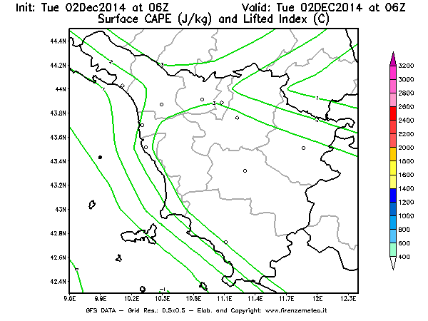 Mappa di analisi GFS - CAPE [J/kg] e Lifted Index [°C] in Toscana
							del 02/12/2014 06 <!--googleoff: index-->UTC<!--googleon: index-->