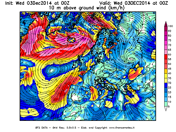 Mappa di analisi GFS - Velocità del vento a 10 metri dal suolo [km/h] in Europa
							del 03/12/2014 00 <!--googleoff: index-->UTC<!--googleon: index-->