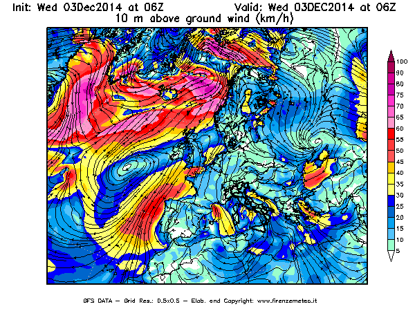Mappa di analisi GFS - Velocità del vento a 10 metri dal suolo [km/h] in Europa
							del 03/12/2014 06 <!--googleoff: index-->UTC<!--googleon: index-->
