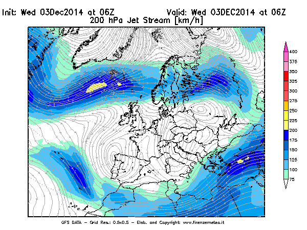 Mappa di analisi GFS - Jet Stream a 200 hPa in Europa
							del 03/12/2014 06 <!--googleoff: index-->UTC<!--googleon: index-->