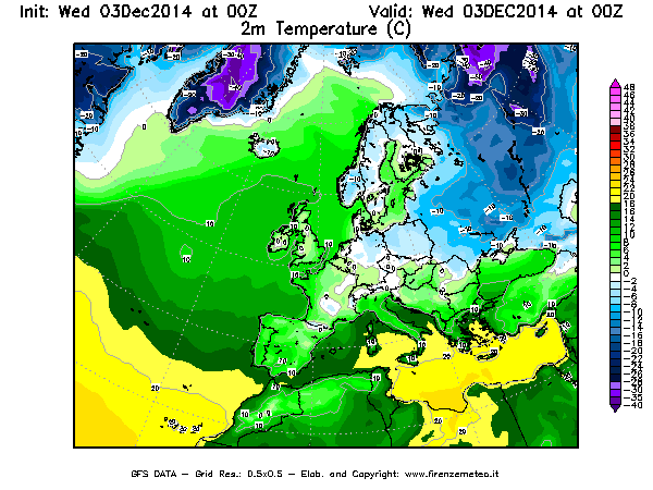 Mappa di analisi GFS - Temperatura a 2 metri dal suolo [°C] in Europa
							del 03/12/2014 00 <!--googleoff: index-->UTC<!--googleon: index-->